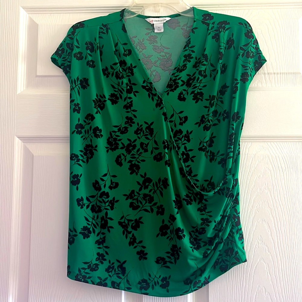 Green and black floral business blouse